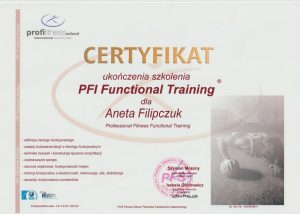 Certyfikat ze szkolenia Aneta Filipczuk PFI functional training, Trening funkcjonalny PFI
