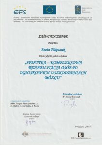 Certyfikat ze szkolenia Aneta Filipczuk - Spastyka – Kompleksowa Rehabilitacja Osób po Ogniskowych Uszkodzeniach Mózgu