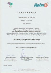 Certyfikat Aneta Filipczuk Fizjoterapia w nietrzymaniu moczu